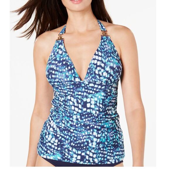 Calvin Klein Printed Halter Tankini Swim Top Navy BLUE V-Neck X-Small XS NWT $88 - Picture 1 of 7